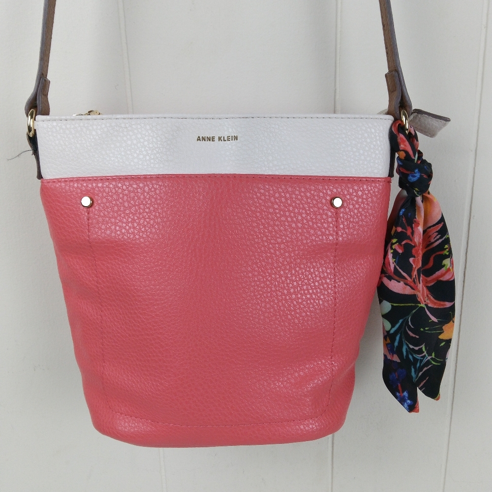 Anne Klein Crossbody Shoulder Bag Purse Coral Faux Leather Zip Closure Pockets